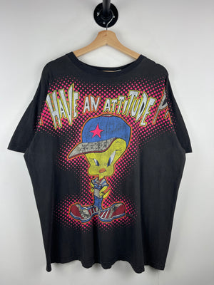 Vintage 90s Looney Tunes Tweety Bird I Don’t Have An Attitude Problem All Over Print Black Tee