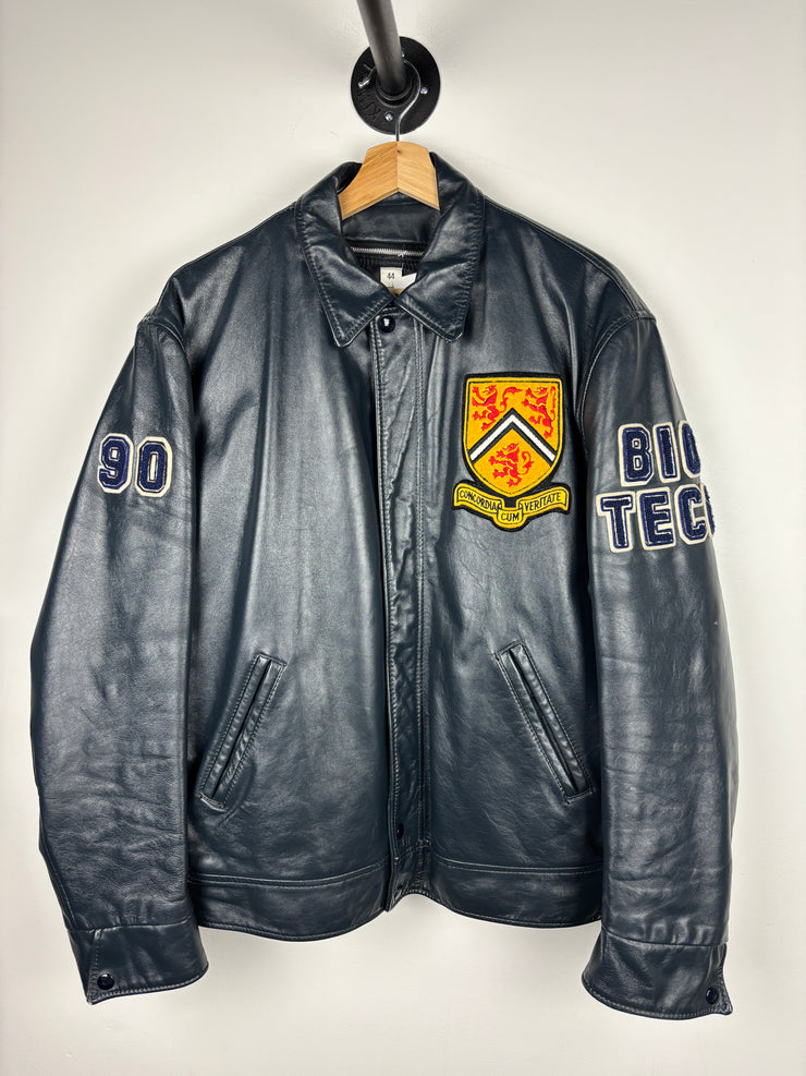 Vintage 90s University Of Waterloo Bio Tech Navy Leather Jacket