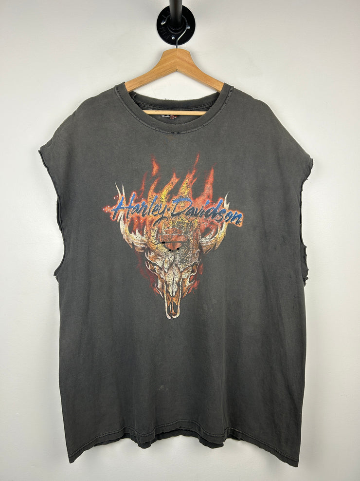 Vintage 2002 Harley Davidson Flames Maryland Thrashed Black Cut Off Tank Top