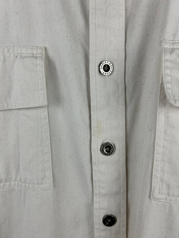 Vintage Harley Davidson Patch Cream Button Up Long Sleeve Shirt