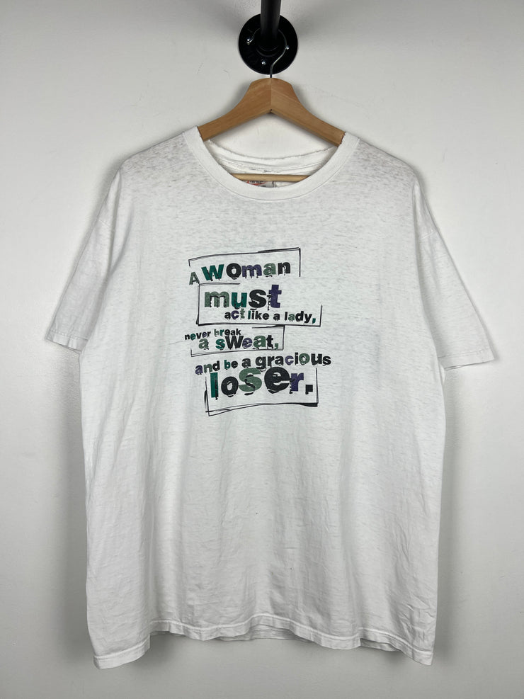 Vintage 90s Nike A Woman Must Act Like A Lady White Tee