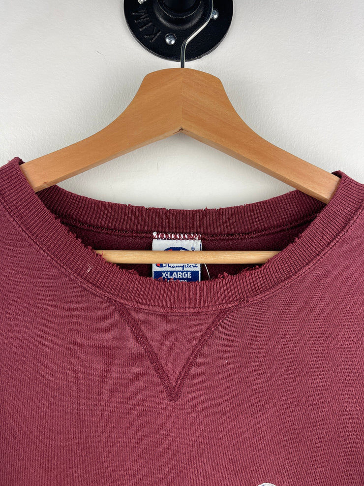 Vintage 90s Champion Spellout Embroidered Thrashed Burgundy Crewneck