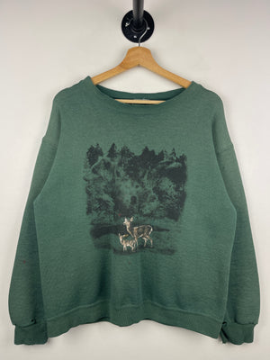 Vintage 90s Wolf Deer Wilderness Wildlife Green Crewneck