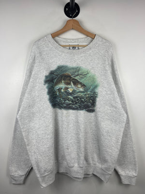 Vintage 90s Fishing Art Grey Crewneck