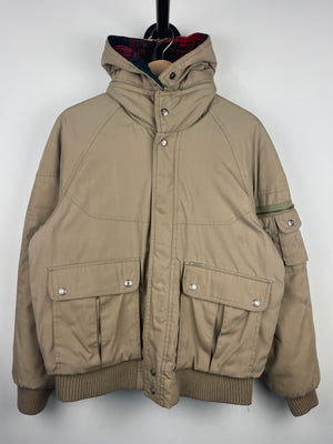 Vintage 90s Windbreaker Hooded Fleece Lined Beige Bomber Jacket