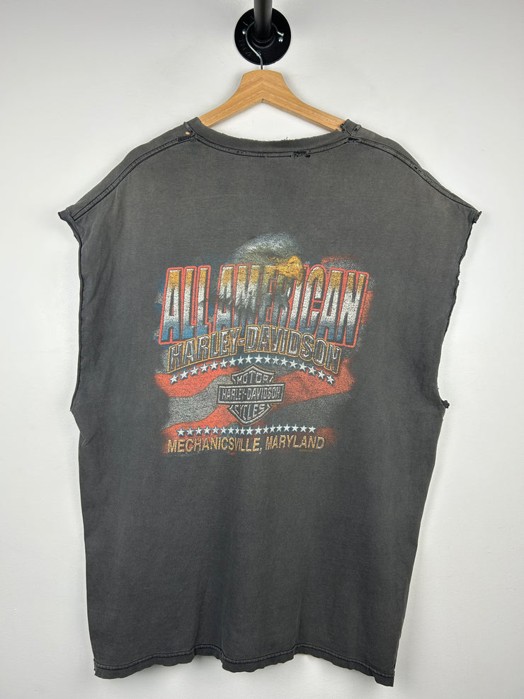 Vintage 2002 Harley Davidson Flames Maryland Thrashed Black Cut Off Tank Top