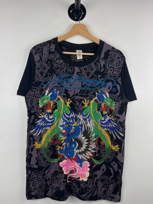 Vintage Y2K Ed Hardy Dragon Rhinestone All Over Print Black Tee