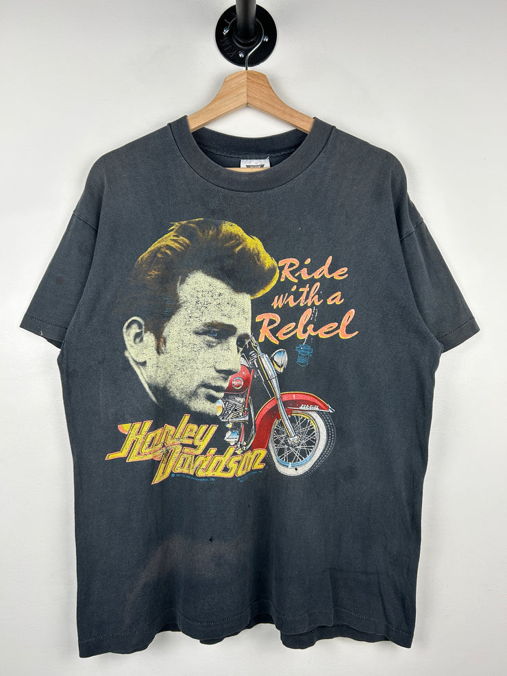 Vintage 90s Harley Davidson James Dean Ride With A Rebel Black Tee