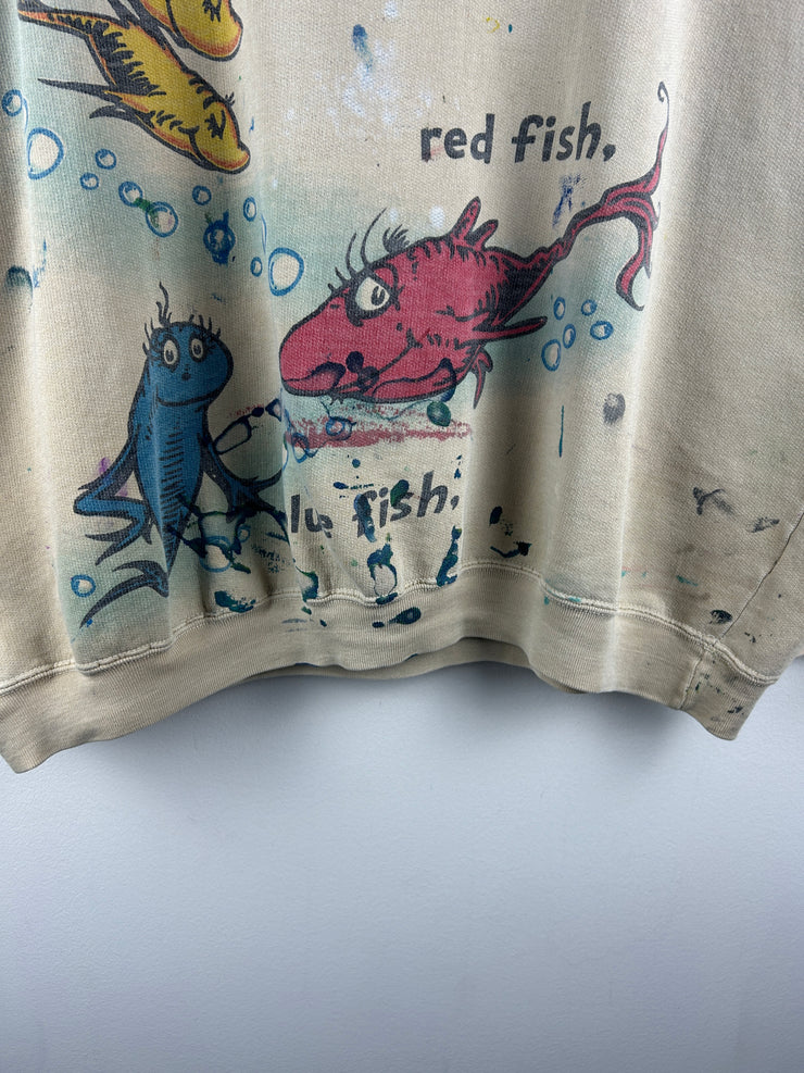 Vintage 90s Dr. Seuss One Fish Two Fish Red Fish Blue Fish Beige Crewneck