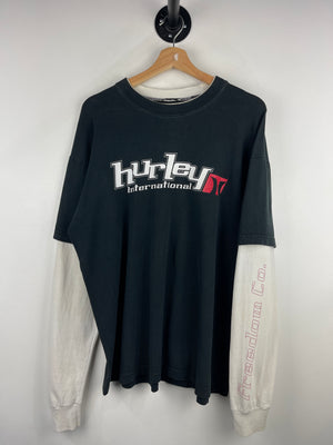 Vintage 90s Hurley International Surf Skateboard Black & White Double Layered Long Sleeve