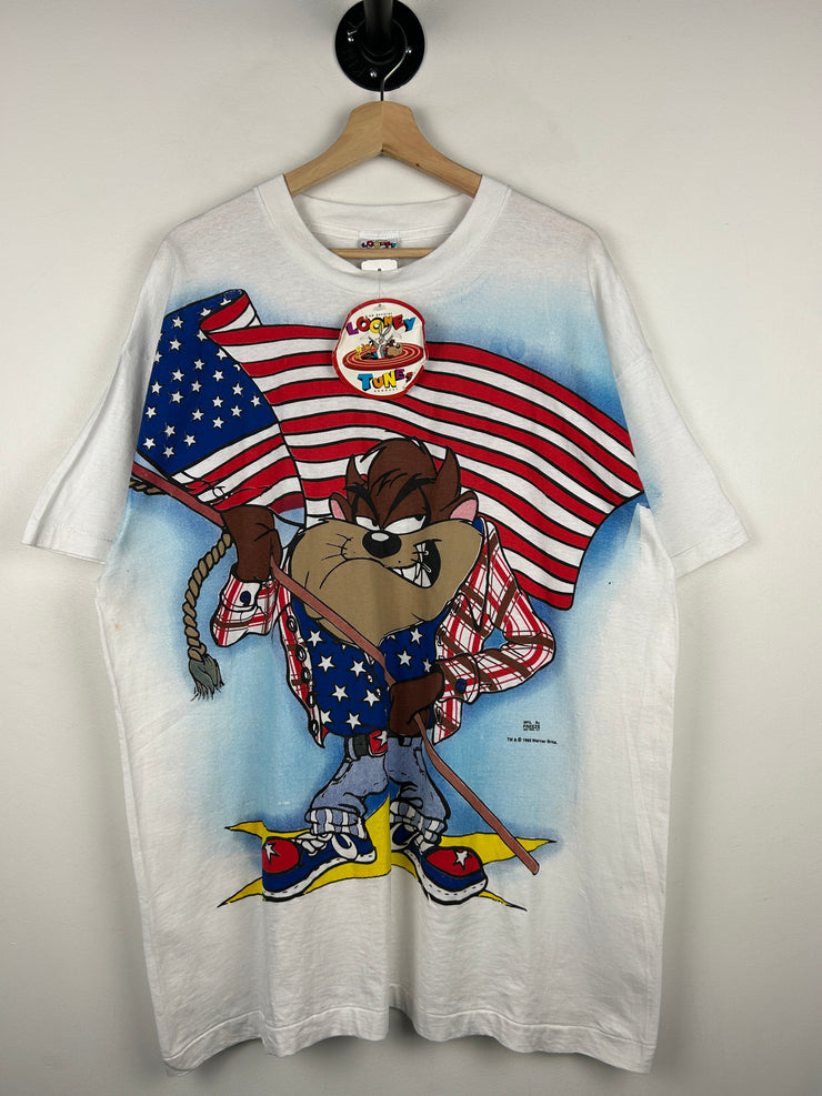 Vintage 90s Looney Tunes Taz USA American Flag Cowboy All Over Print White Tee