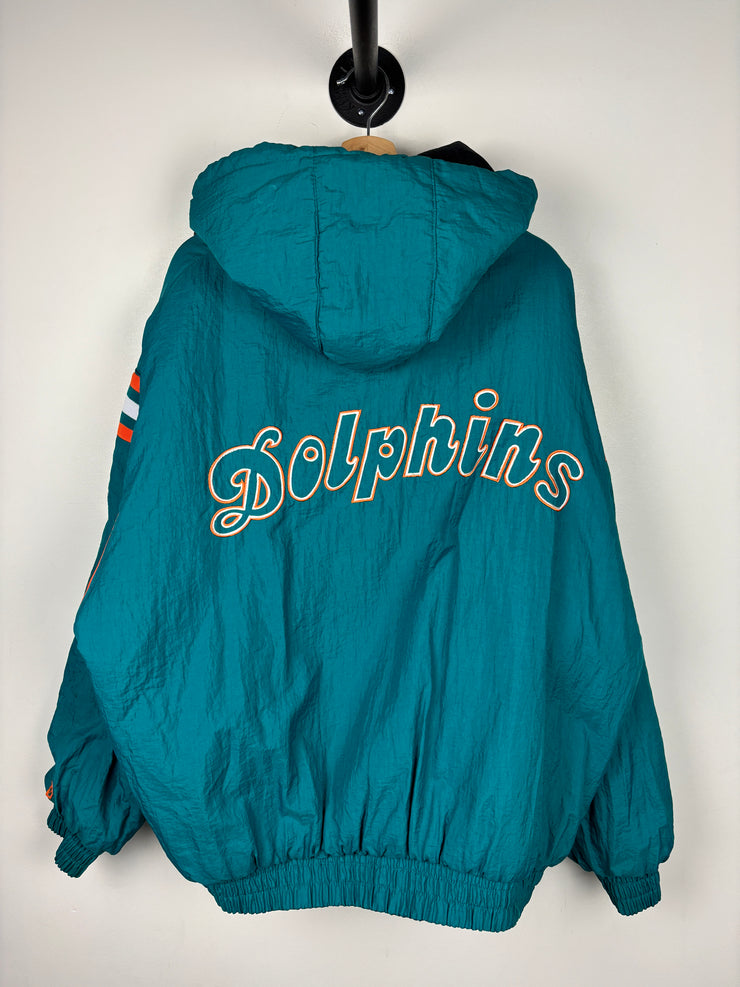 Vintage 90s NFL Pro Player Miami Dolphins Black & Teal Hooded Reversible Hooded Jacket