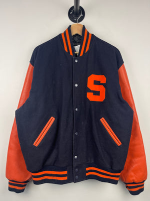 Vintage 90s Stewart & Strauss Syracuse University Navy Wool & Leather Varsity Jacket