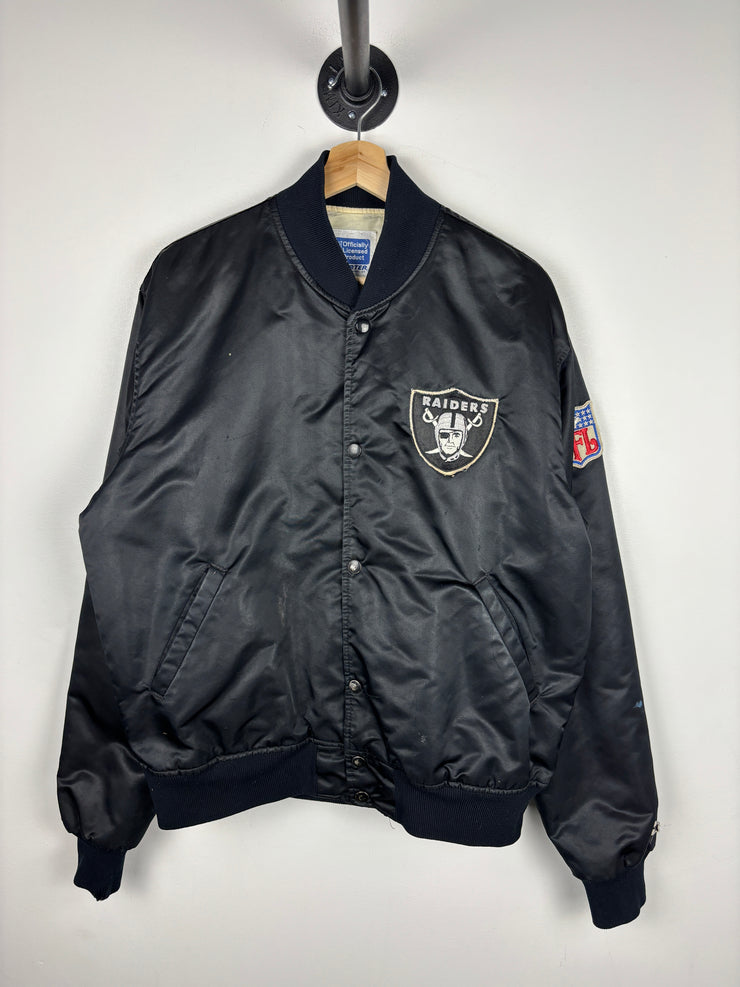 Vintage 80s NFL Starter Los Angeles Raiders Spellout Black Satin Bomber Jacket