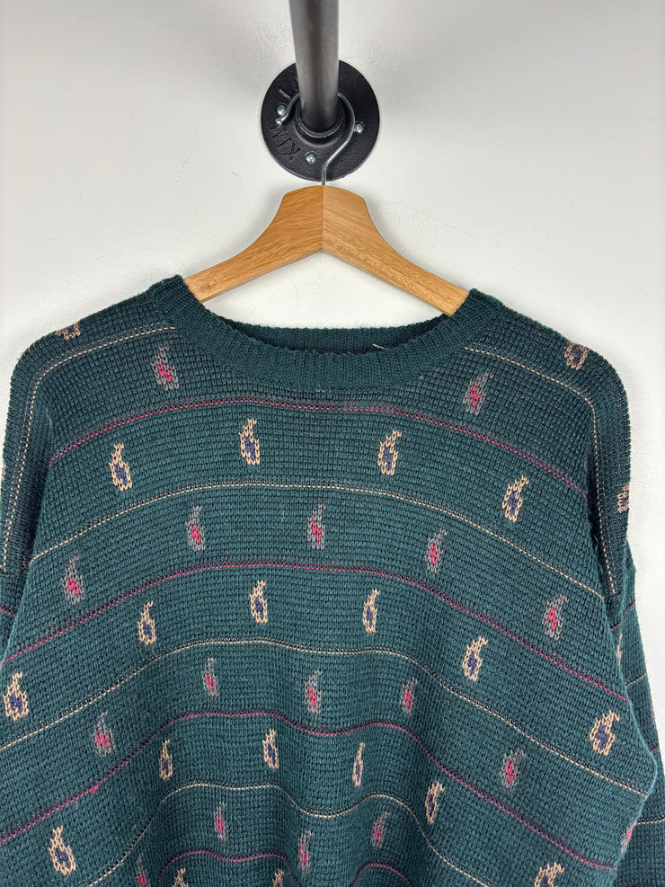 Vintage 90s Peter England Green Pattern Striped Knit Sweater