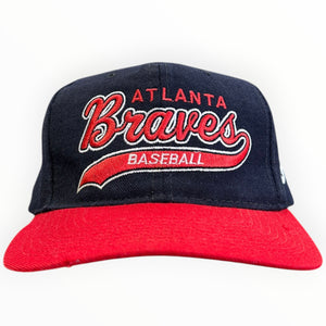 Vintage 90s MLB Starter Atlanta Braves Tail Sweep Script Navy Wool Snapback Hat