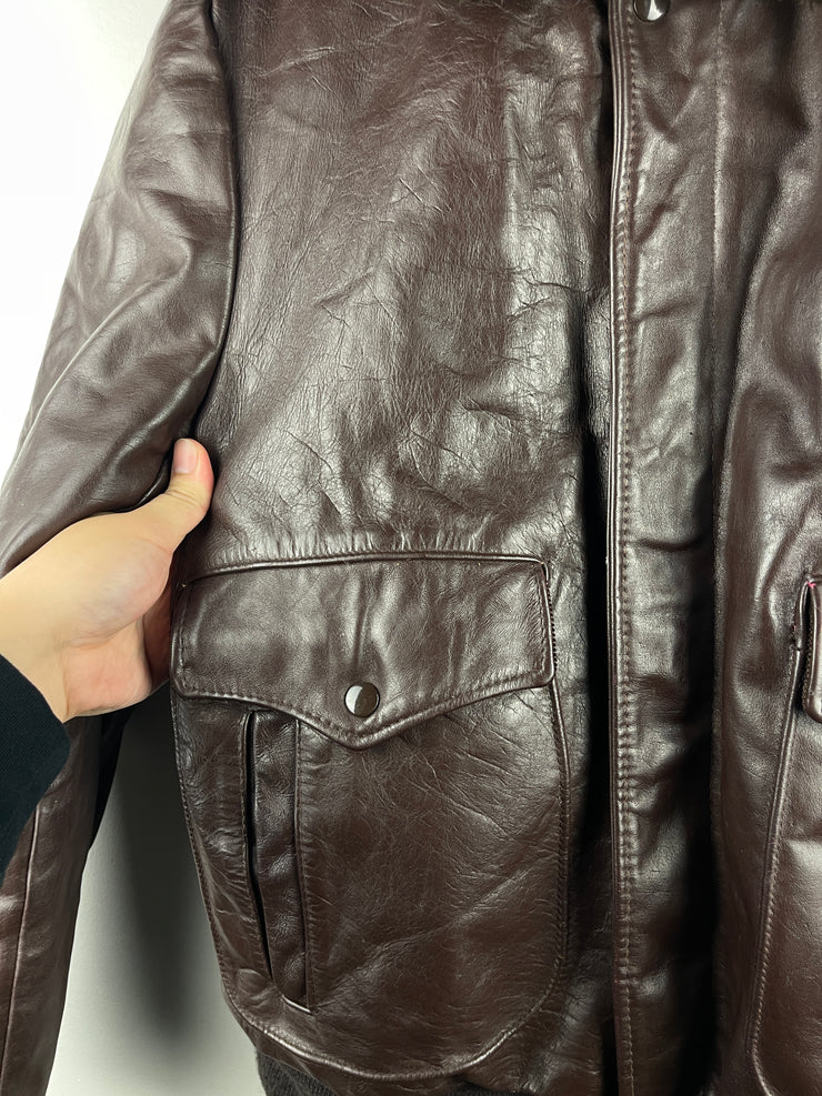 Vintage 80s Excelled Flight Bomber Fur Collar Brown Leather Jacket