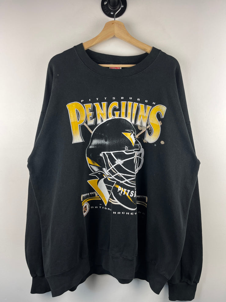 Vintage 90s NHL Nutmeg Pittsburgh Penguins Goalie Mask Black Crewneck
