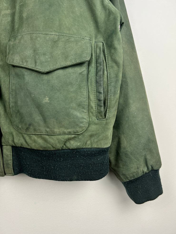Vintage 90s American Weekend Green Leather Bomber Jacket