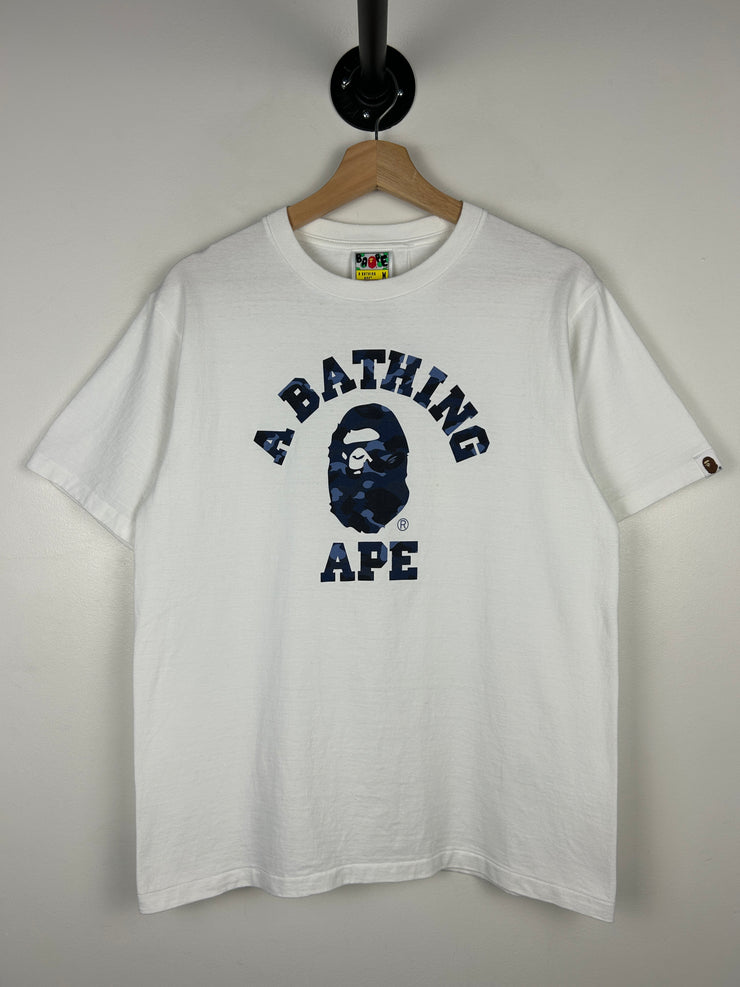 Bape College Logo Blue Camo White Tee