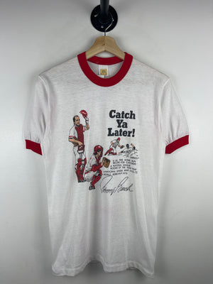 Vintage 80s Velva Sheen Johnny Bench Catch Ya Later Baseball White Ringer Tee