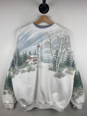 Vintage 90s Lighthouse Snow All Over Print White Crewneck