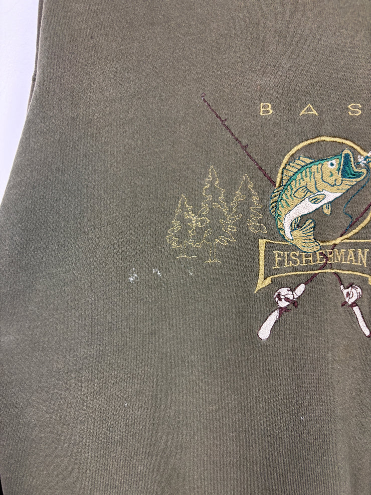 Vintage 90s Bass Fisherman Embroidered Olive Green Crewneck