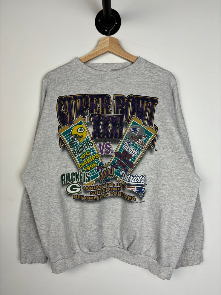 Vintage 1996 Logo 7 Superbowl Packers VS Patriots Grey Crewneck