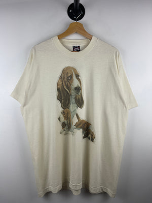 Vintage 90s Basset Hound Dog Cream Tee