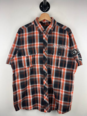 Vintage Harley Davidson Embroidered Plaid Black & Orange Button Up Short Sleeve Shirt