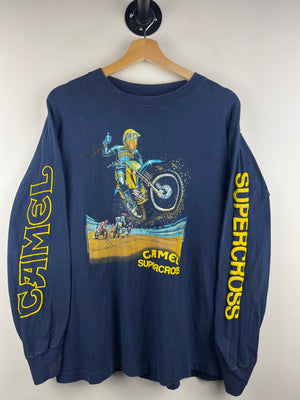 Vintage 90s Camel Smokes Supercross Motocross Test Print Navy Long Sleeve