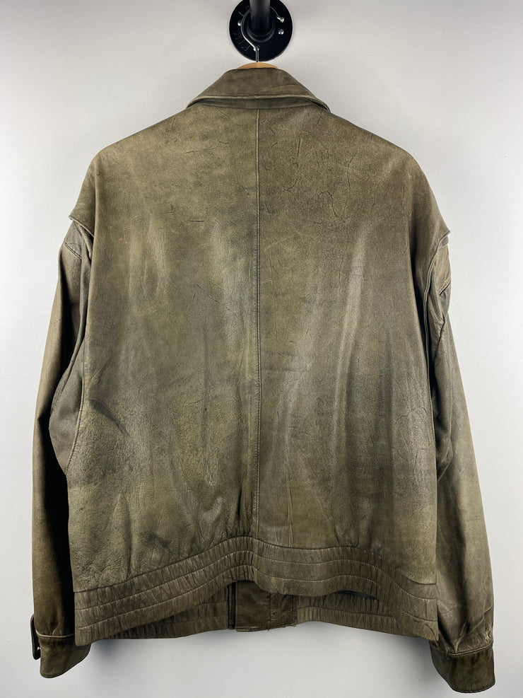 Vintage 90s Luis Alvear Faded Green Leather Bomber Jacket