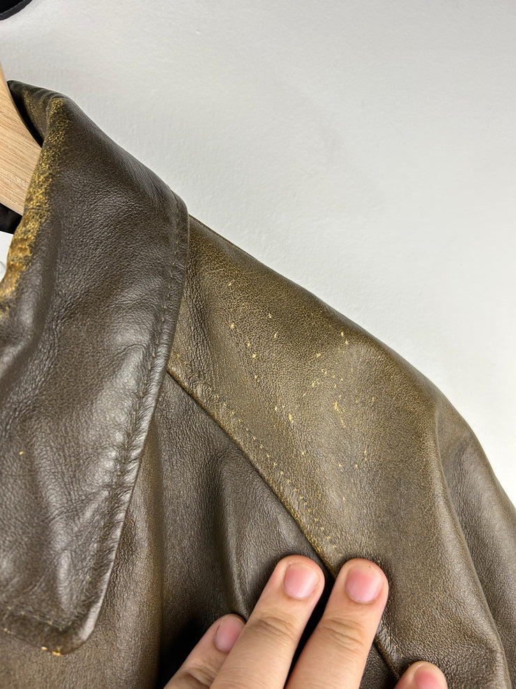 Vintage 90s Burks Bay John Deere Brown Leather Bomber Jacket
