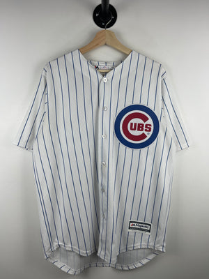 Vintage MLB Majestic Chicago Cubs Anthony Rizzo Pin Stripe White Baseball Jersey