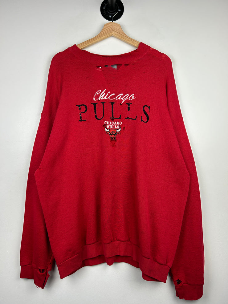 Vintage 90s NBA Logo 7 Chicago Bulls Embroidered Distressed Red Crewneck