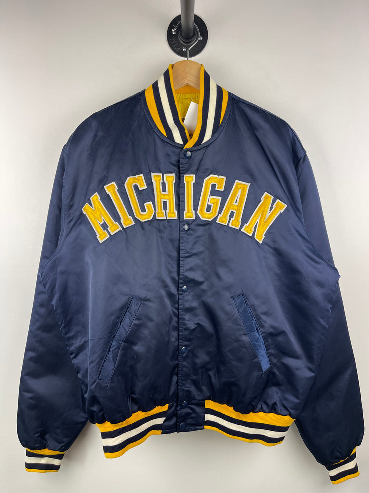 Vintage 90s Starter Michigan Wolverines Navy Satin Bomber Jacket