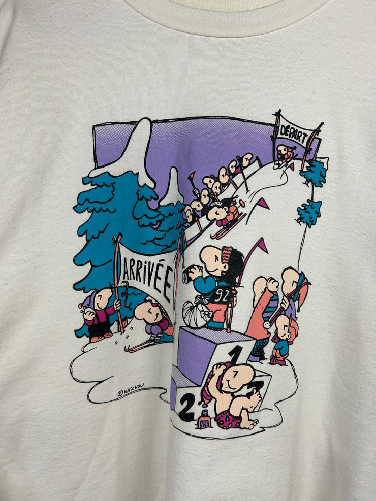 Vintage 90s Skiing Cartoon Art White Crewneck