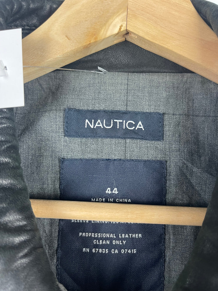 Vintage Nautica Black Leather Cropped Bomber Jacket