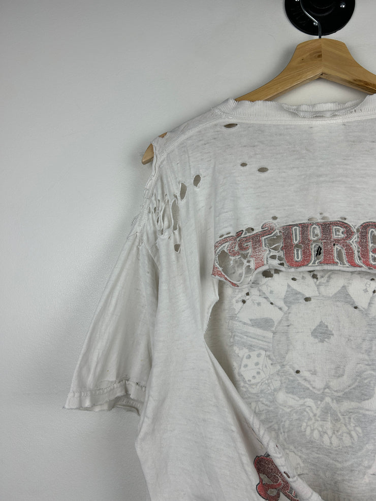 Vintage Sturgis Black Hills Rally Skull Thrashed White Tee