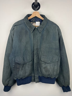 Vintage 90s Paris Sport Club Faded Navy Leather Bomber Jacket