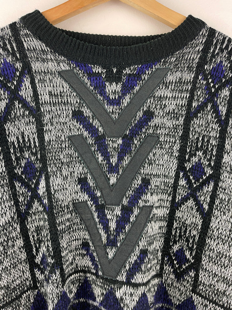 Vintage 90s Street Scenes Pattern Black & Purple Knit Sweater