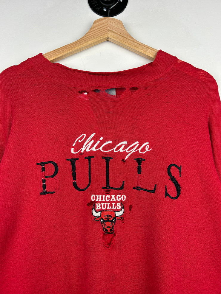 Vintage 90s NBA Logo 7 Chicago Bulls Embroidered Distressed Red Crewneck