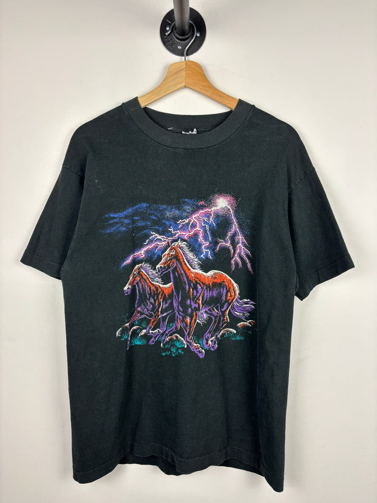 Vintage 90s Horse Lightning Nature Black Tee