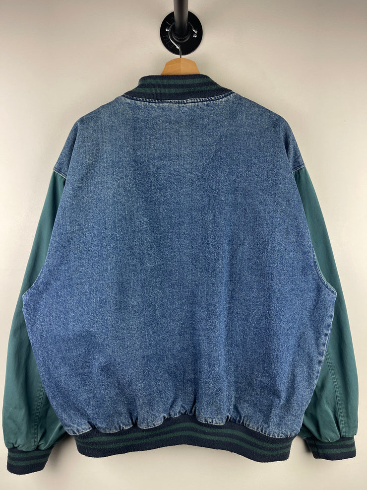 Vintage 90s Swingster Miller Lite Ice Blue Denim Varsity Jacket
