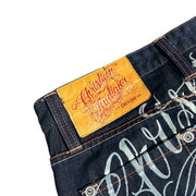 Christian Audigier Embroidered Skull Dark Wash Blue Denim Jeans