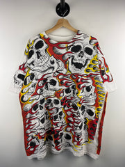 Vintage 90s Jarvis Ace Flaming Skull All Over Print White Tee