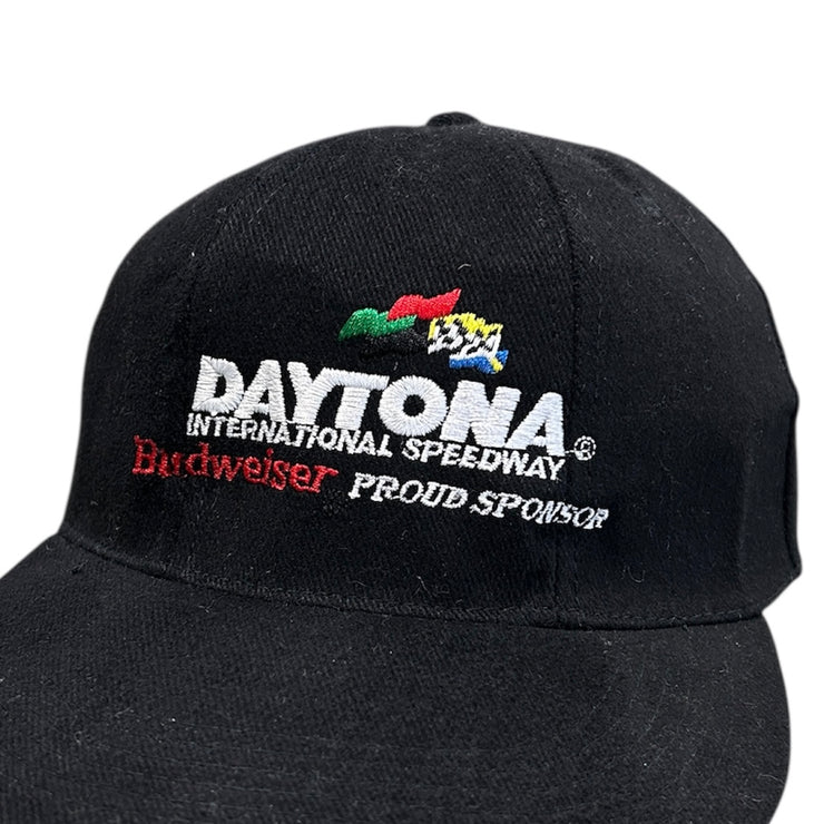 Vintage 90s Nascar Daytona International Speedway Budweiser Black Strapback Hat