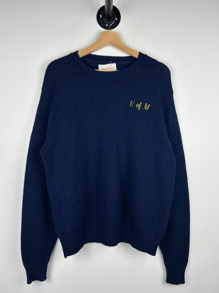 Vintage 80s Jantzen University Of Michigan Navy Wool Knit Sweater