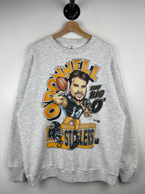 Vintage 90s NFL Pittsburgh Steelers Neil O'Donnell Caricature Grey Crewneck