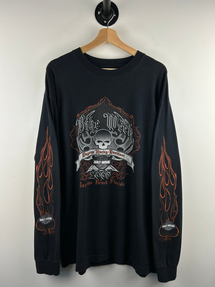Vintage 2005 Harley Davidson Ace Of Spades Flames Florida Black Long Sleeve
